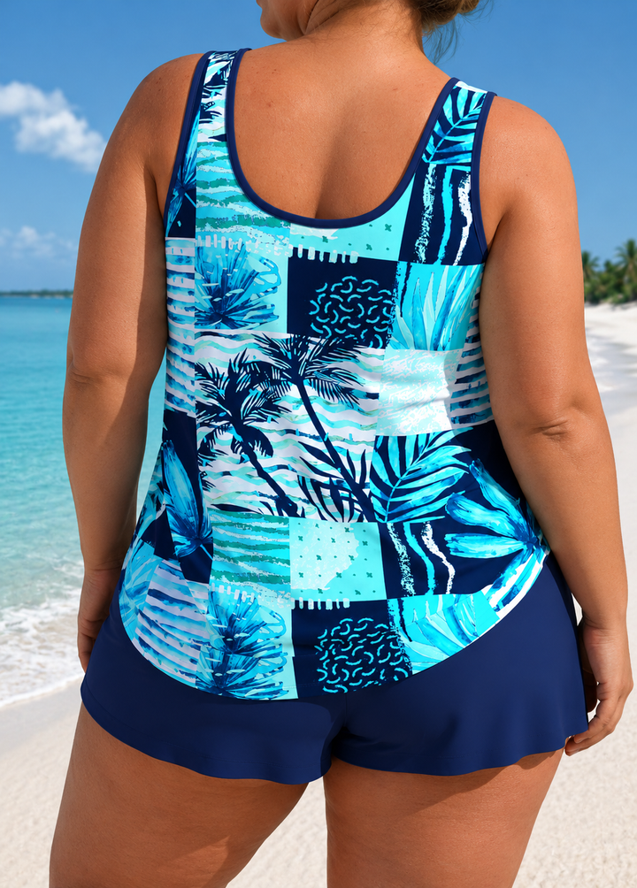 Megan – Plus Size Tankini- und Shorts-Set mit lockerer Passform und Blattmotiv