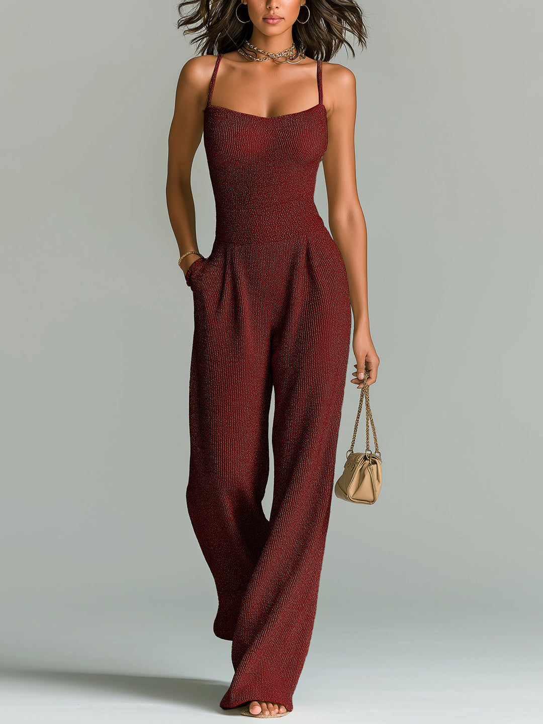 ElevenOra Stilvolles Kamel Strappy Ärmelloses Tailliertes Weites Bein Geripptes Strick-Jumpsuit