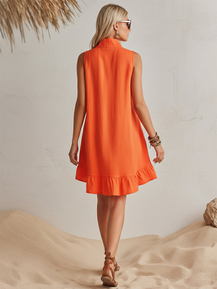 Helles Orange Leinen Halb-Reißverschluss Mini-Kleid mit Rüschensaum und Stehkragen