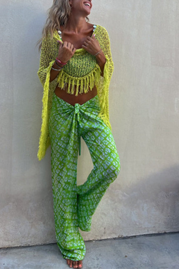Sonnenuntergang Brise Quasten Strick Cover-Up mit Ausschnitt-Design