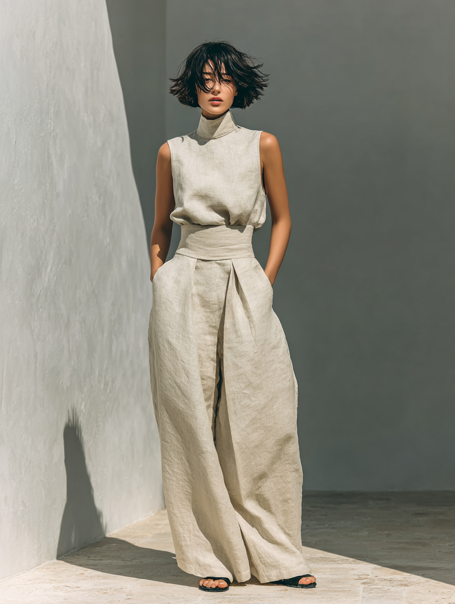 Minimalistisches ärmelloses Blusen- und Hosen-Set für Damen mit weitem Bein