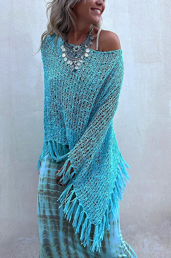 Sonnenuntergang Brise Quasten Strick Cover-Up mit Ausschnitt-Design