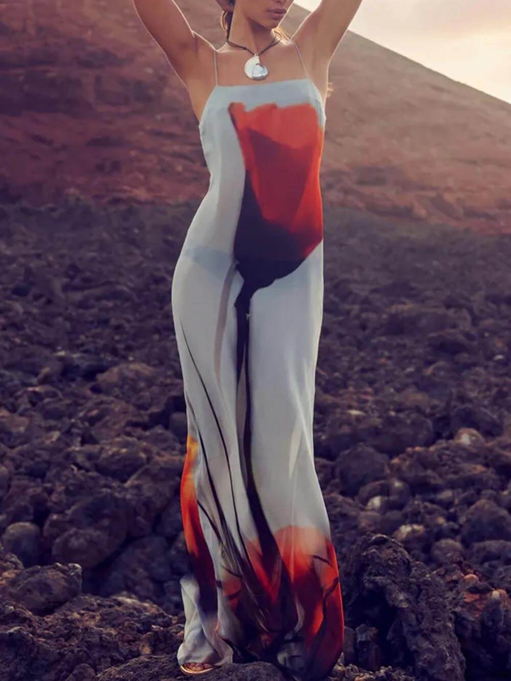 Abstrakter Tulpen-Druck H-Linie Maxi-Kleid für den Urlaub