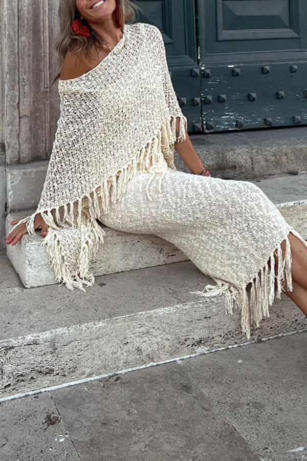 Sonnenuntergang Brise Quasten Strick Cover-Up mit Ausschnitt-Design