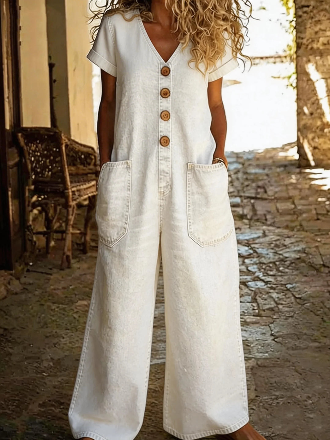 Denise | Denim-Overall mit V-Ausschnitt und kurzen Ärmeln