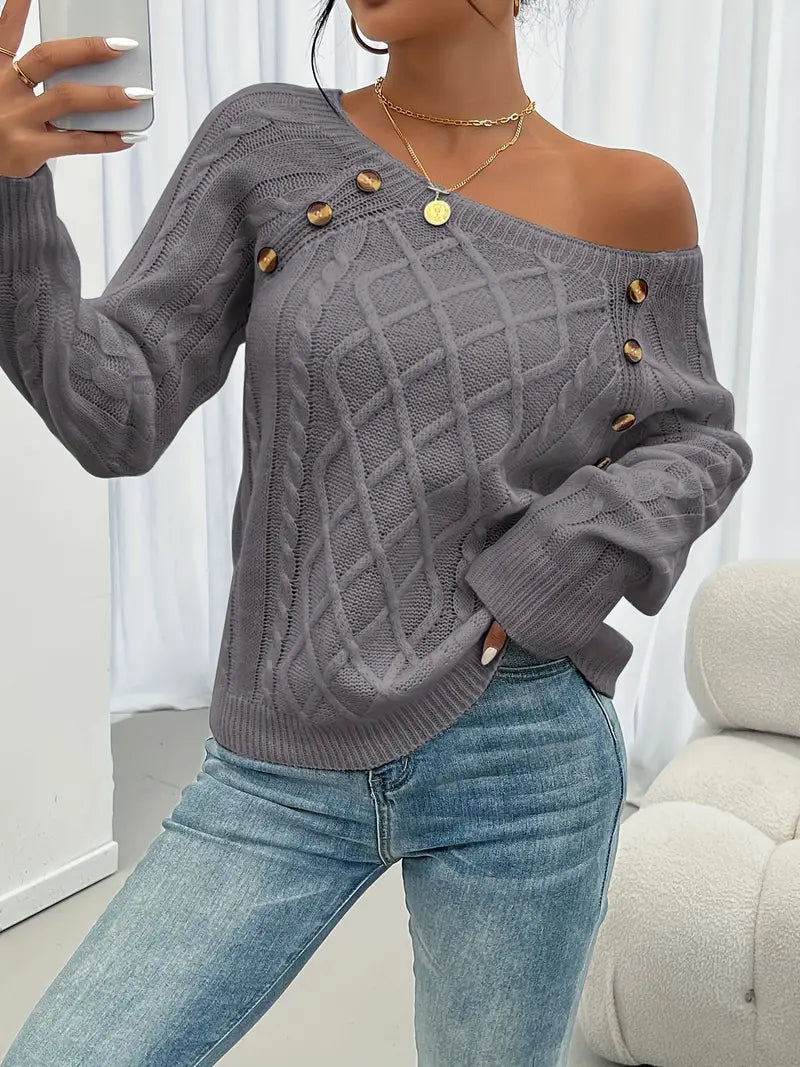 Lina - Langärmeliger Pullover Mit Zopfmuster, Lässiger Pullover Mit Rundhalsausschnitt