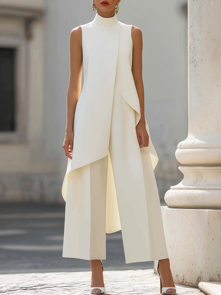 Martina | Damen Hochkragen-Top und Weitbein-Hosen Set