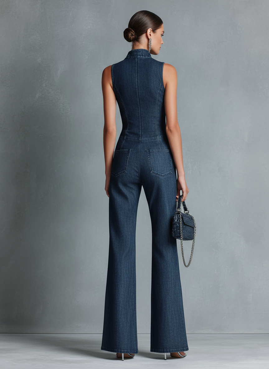 Dunkelblauer, ärmelloser Jumpsuit im Retro-Stil für Damen mit Stehkragen, ausgestelltem Schnitt und Reißverschluss vorne.