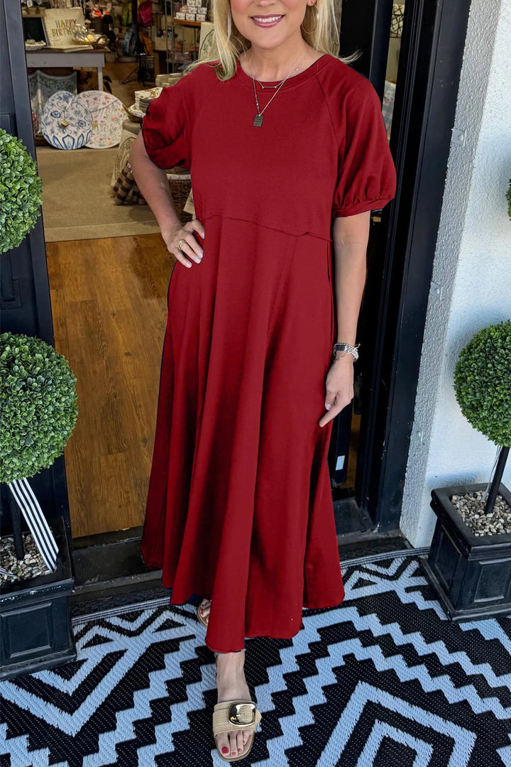 Elegantes Maxi-Kleid mit Puffärmeln und Rundhalsausschnitt