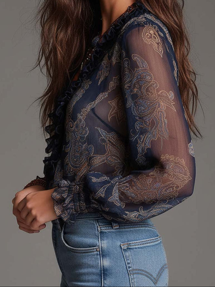 Elise | Rüschentop mit barockem Paisley-Druck
