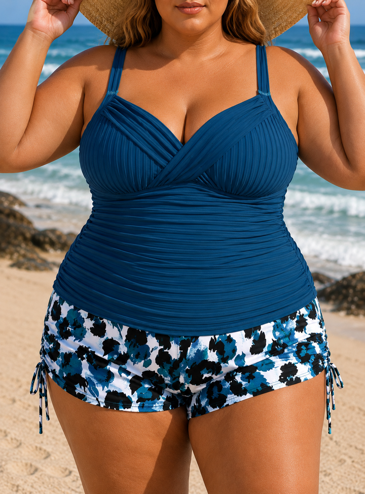 Gabby | Damen-Tankini in Übergröße mit Rippstrick und bedruckten Shorts
