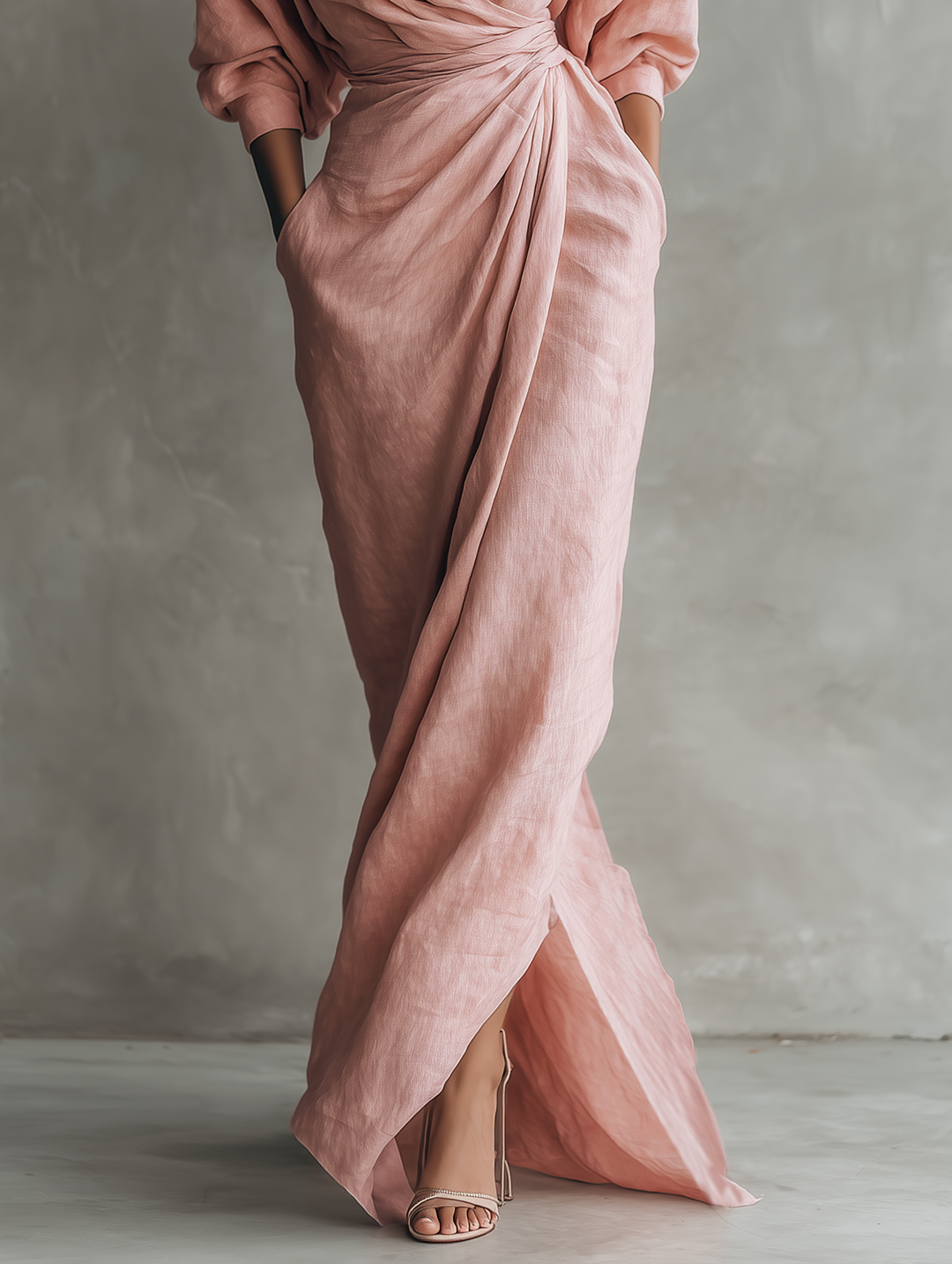 Rosa minimalistisches Maxikleid für Damen mit V-Ausschnitt