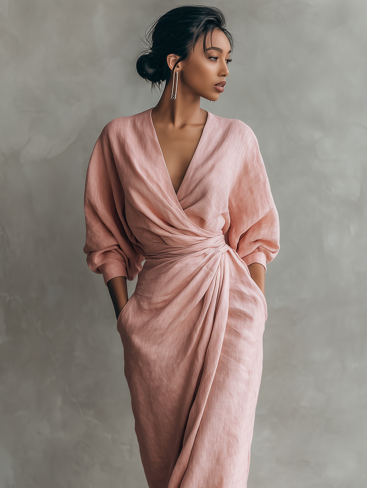 Rosa minimalistisches Maxikleid für Damen mit V-Ausschnitt