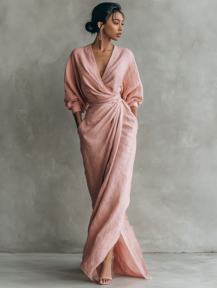 Rosa minimalistisches Maxikleid für Damen mit V-Ausschnitt
