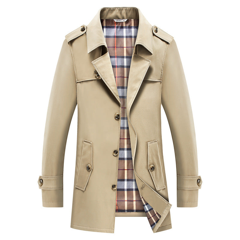 Herren klassischer Trenchcoat mit kariertem Innenfutter und Schulterklappen