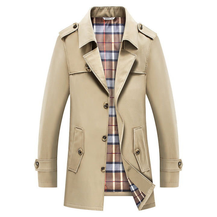 Herren klassischer Trenchcoat mit kariertem Innenfutter und Schulterklappen