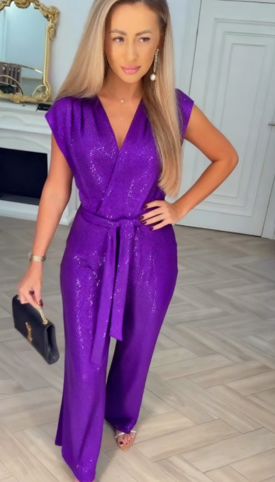 Pailletten-Einfarbiger Jumpsuit mit Bindungsdetail