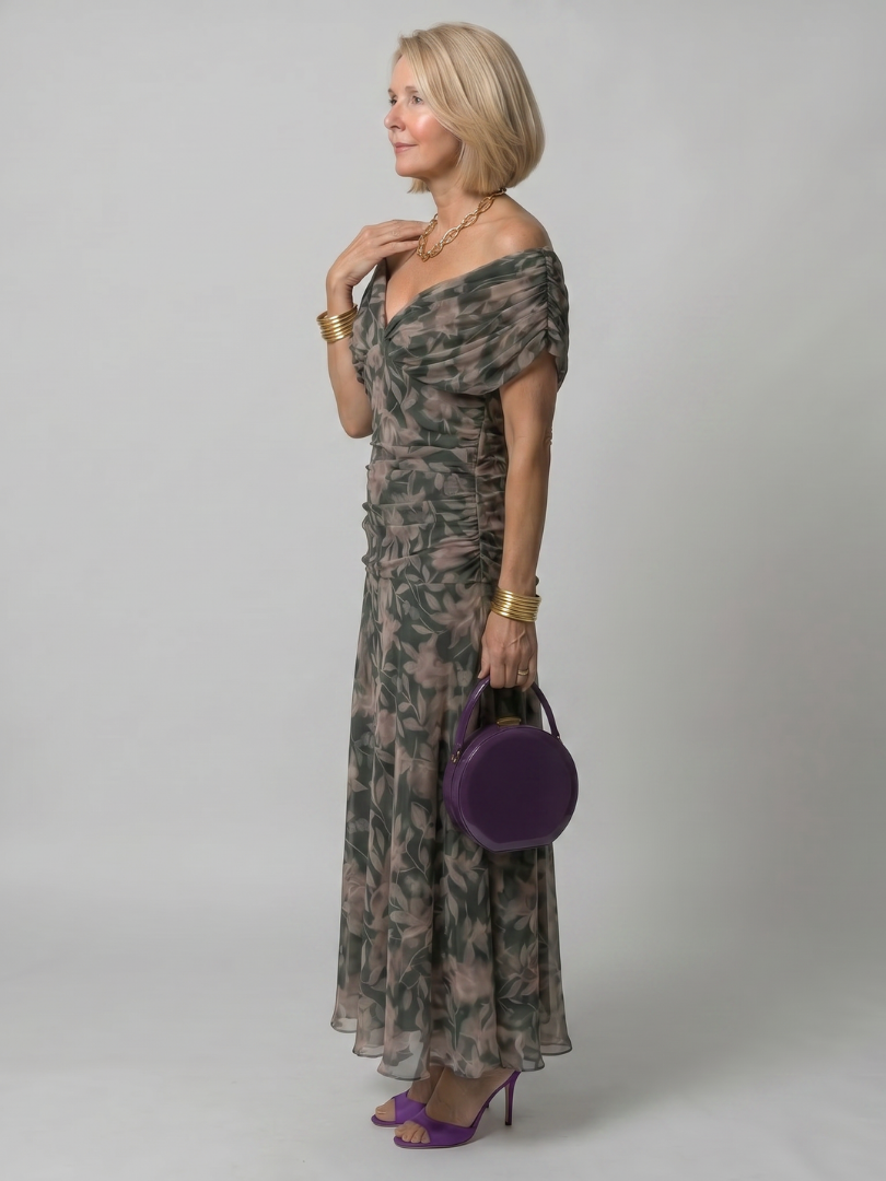 Calen | Elegantes Off-Shoulder-Midi-Kleid mit fließendem Design