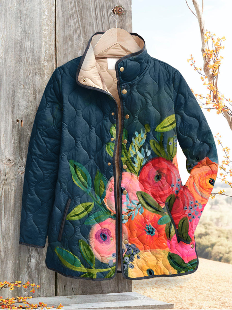 Damen Retro Blumen Kunst Gedruckte Steppjacke