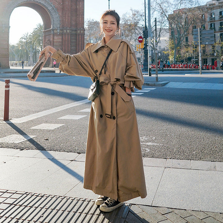 Trench oversize da donna con maniche a palloncino e cintura in vita