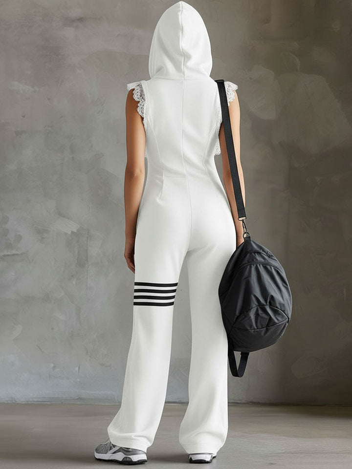 Retro-inspirierter schwarzer ärmelloser Kapuzen-Jumpsuit mit sportlichen Spitzenstreifen