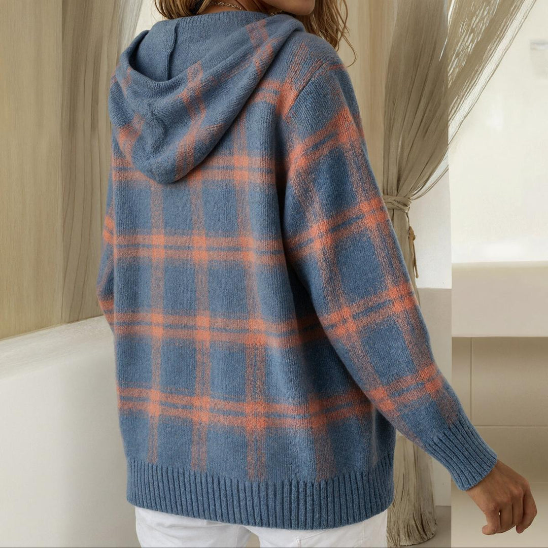 Karo Blau Button-Up Hoodie Pullover