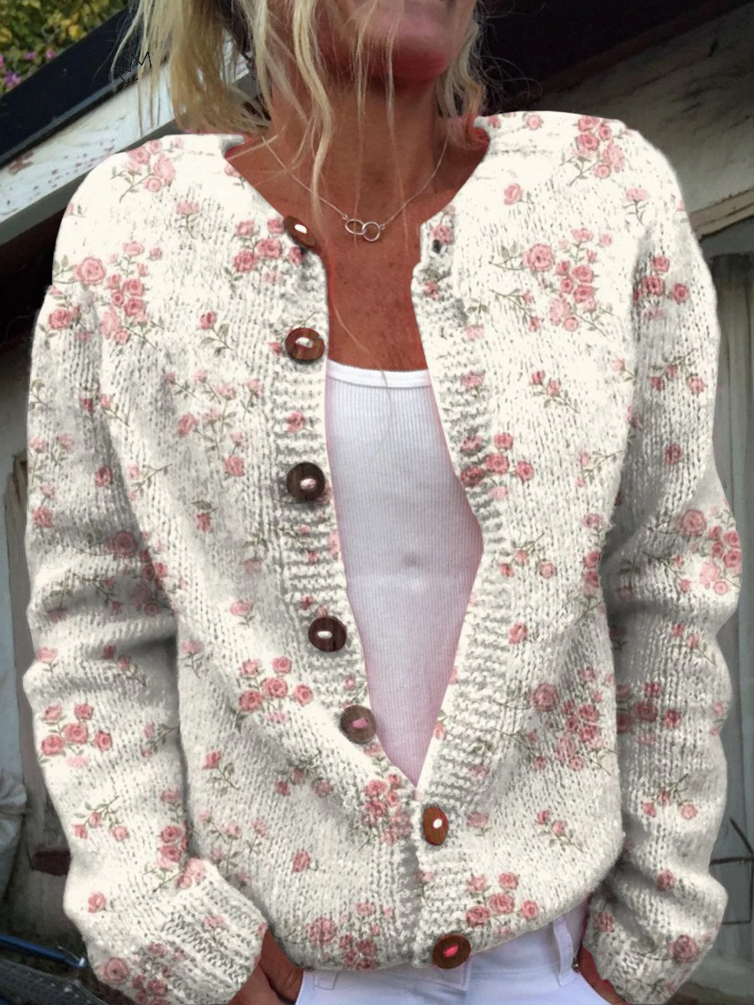 Rosa Rosenblüten Druck | Knopf-Cardigan Pullover