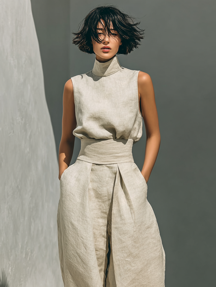 Damen Ärmellose Bluse und Weite-Hosen Ensemble