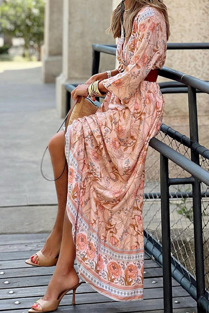 Rocio® | Bohemian Floral V-Ausschnitt A-Linien Kleid mit Gürtel