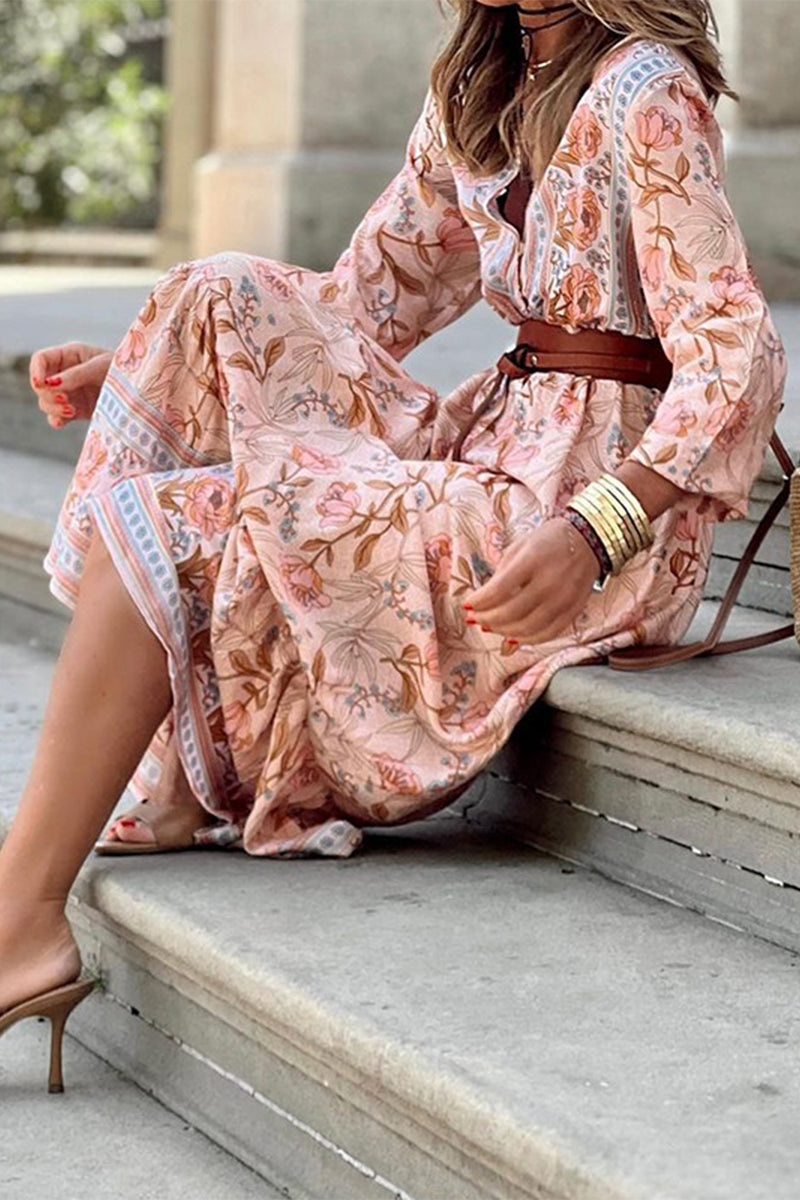 Rocio® | Bohemian Floral V-Ausschnitt A-Linien Kleid mit Gürtel