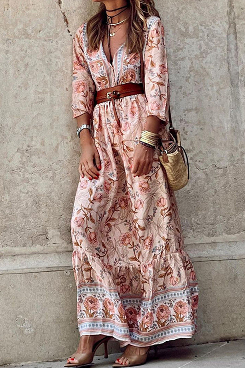 Rocio® | Bohemian Floral V-Ausschnitt A-Linien Kleid mit Gürtel