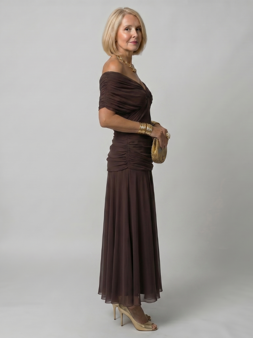 Calen | Elegantes Off-Shoulder-Midi-Kleid mit fließendem Design