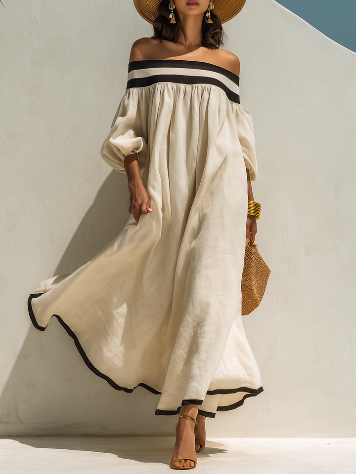 Beige Off-Shoulder Maxikleid mit lockerem Schnitt und Farbblockdesign