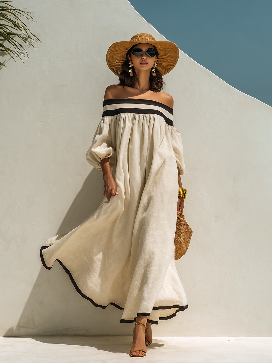 Beige Off-Shoulder Maxikleid mit lockerem Schnitt und Farbblockdesign