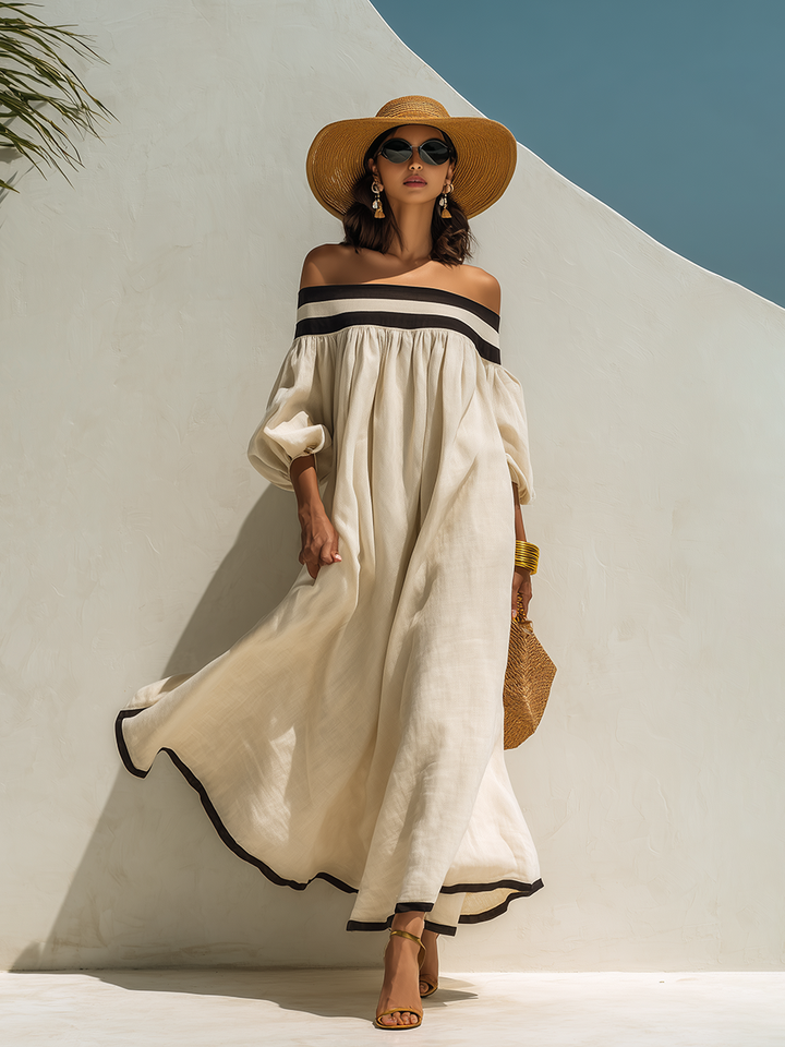 Beige Off-Shoulder Maxikleid mit lockerem Schnitt und Farbblockdesign