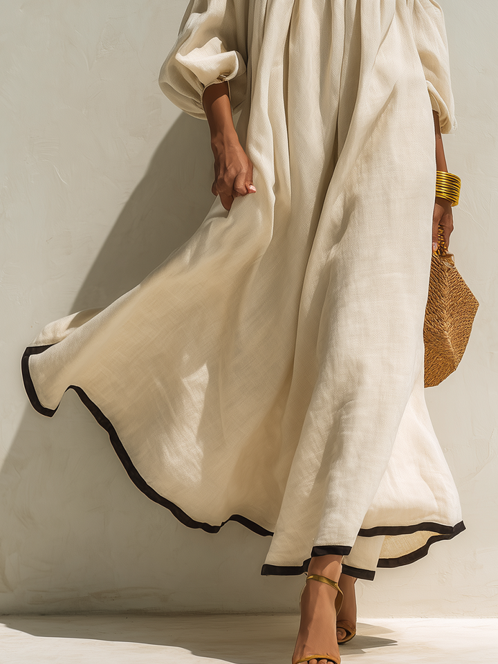 Beige Off-Shoulder Maxikleid mit lockerem Schnitt und Farbblockdesign