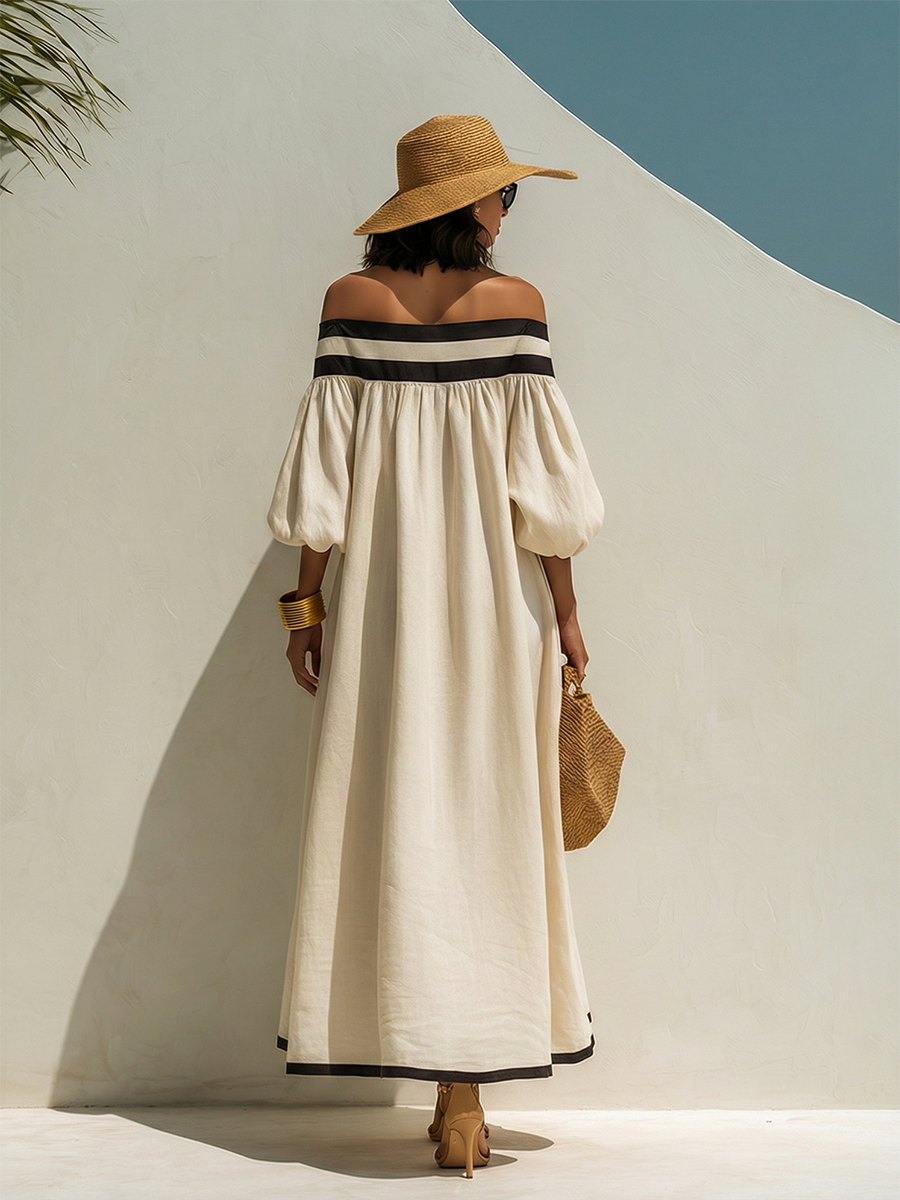 Beige Off-Shoulder Maxikleid mit lockerem Schnitt und Farbblockdesign