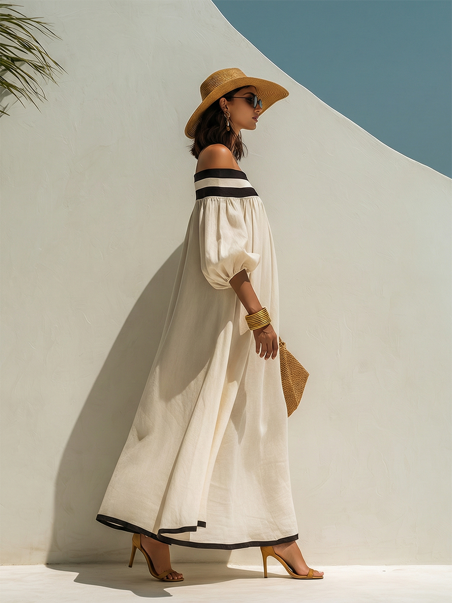 Beige Off-Shoulder Maxikleid mit lockerem Schnitt und Farbblockdesign
