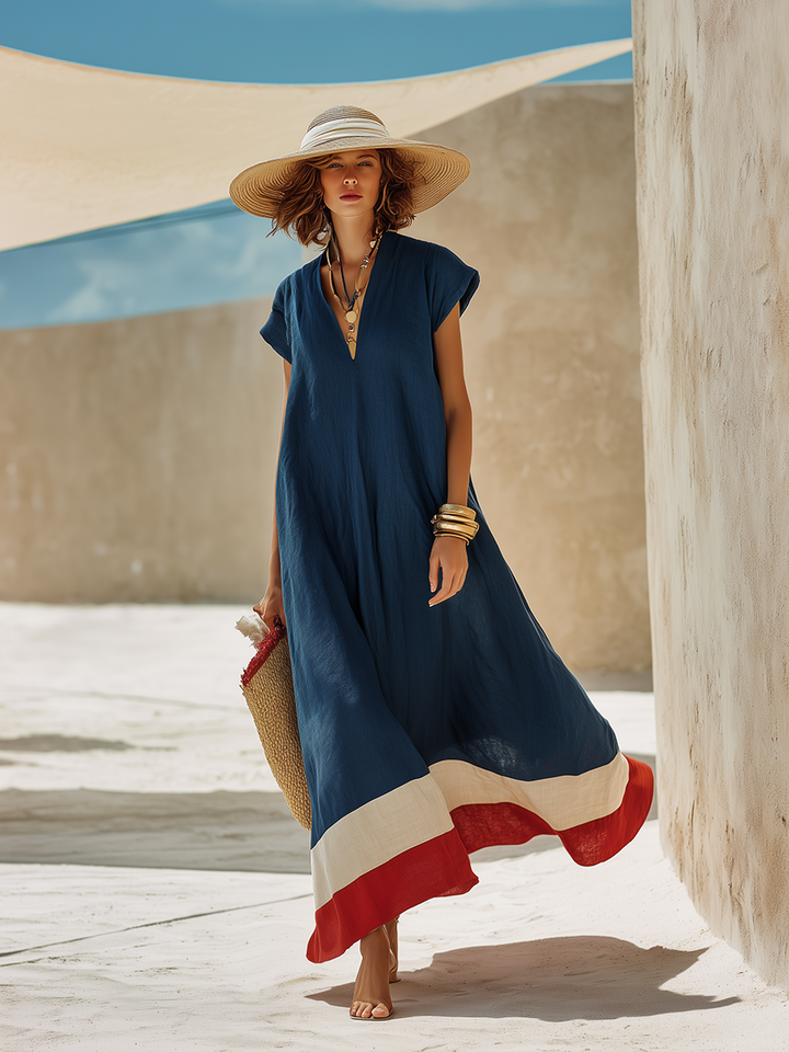 Damen Maxikleid mit V-Ausschnitt und kurzen Ärmeln