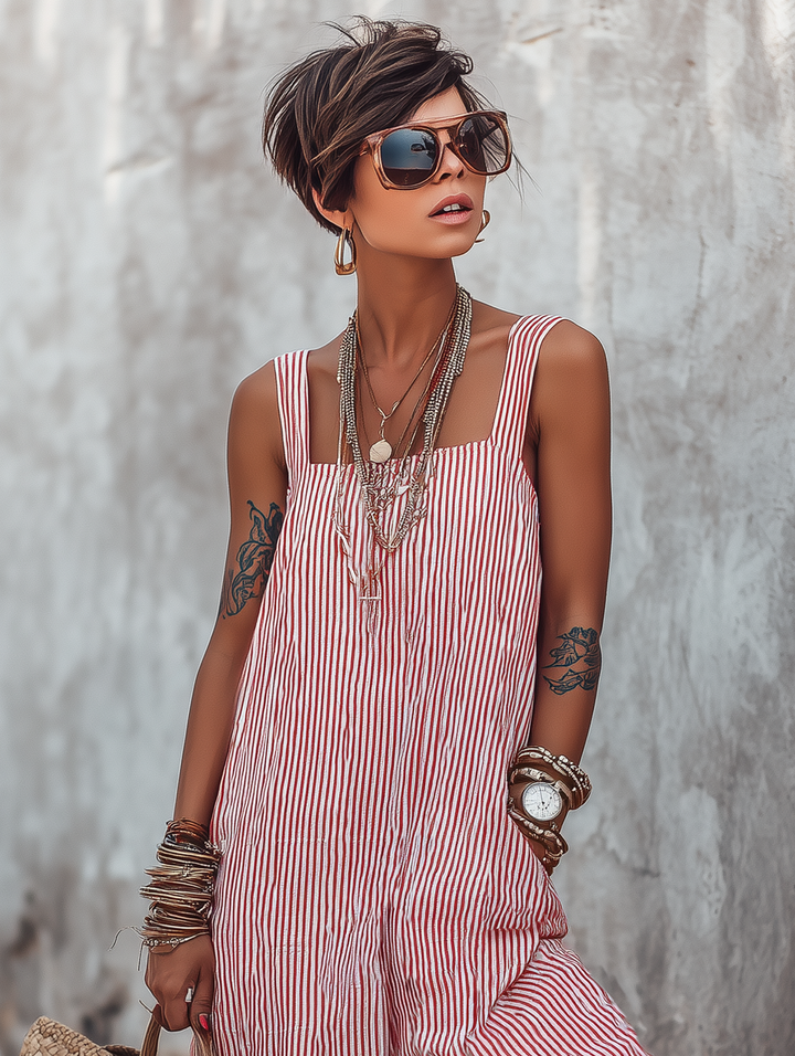 Minimalistischer, gestreifter, lockerer Jumpsuit für Damen mit eckigem Ausschnitt, ärmellos