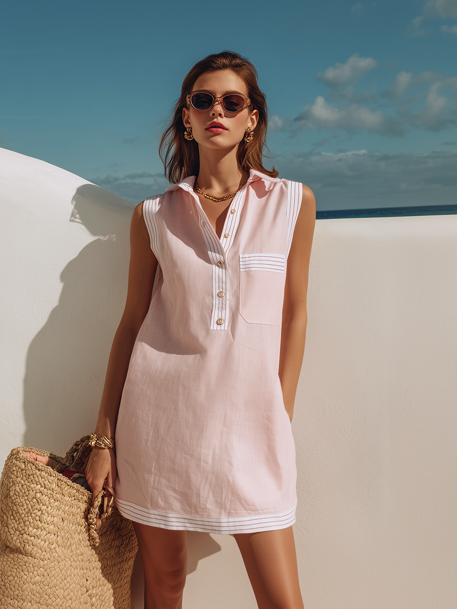 Damen ärmelloses Mini-Kleid mit Taschen und Knöpfen