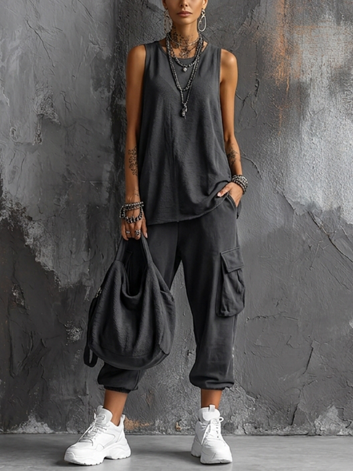 Damen-Freizeit-Set: Dunkelgraues Hobby-Top + Jogginghose