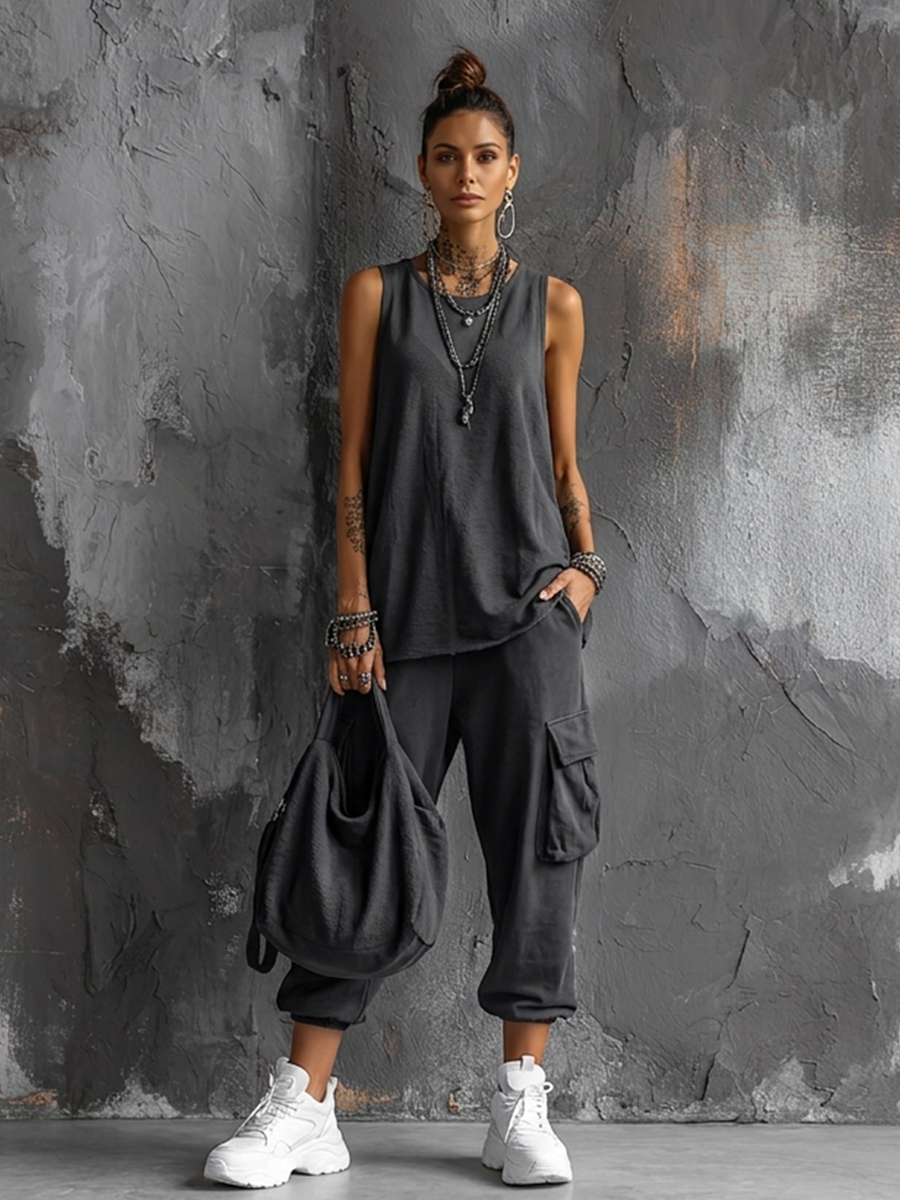 Damen-Freizeit-Set: Dunkelgraues Hobby-Top + Jogginghose
