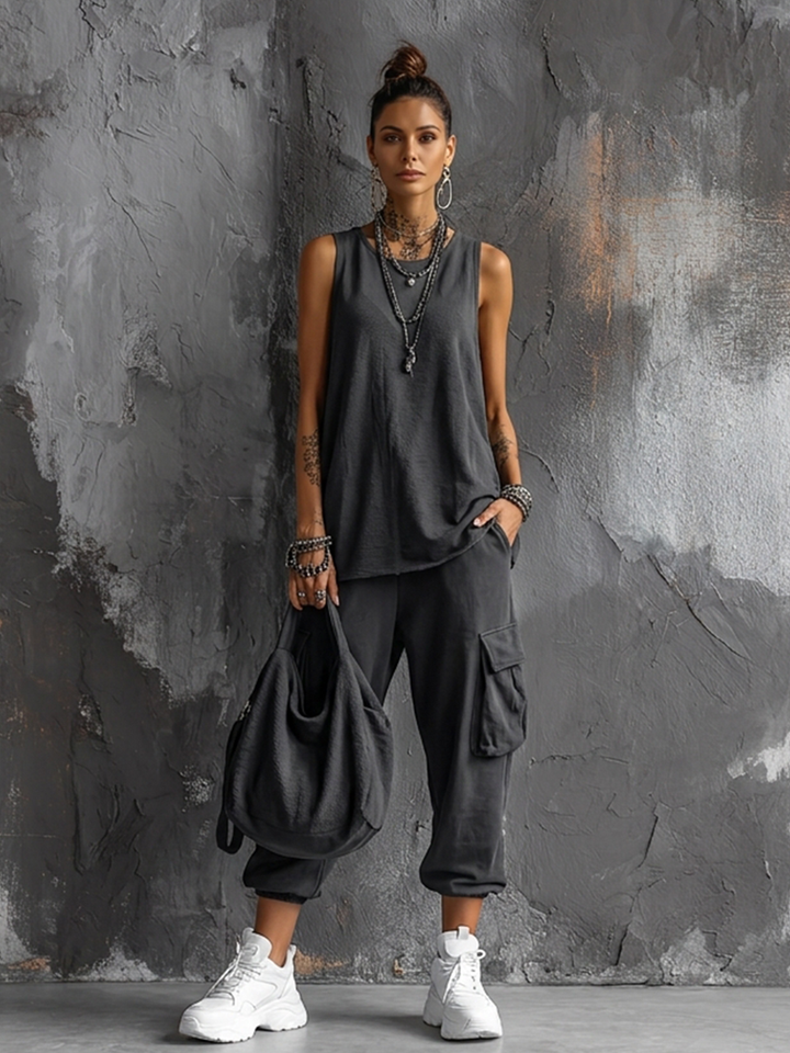 Damen-Freizeit-Set: Dunkelgraues Hobby-Top + Jogginghose
