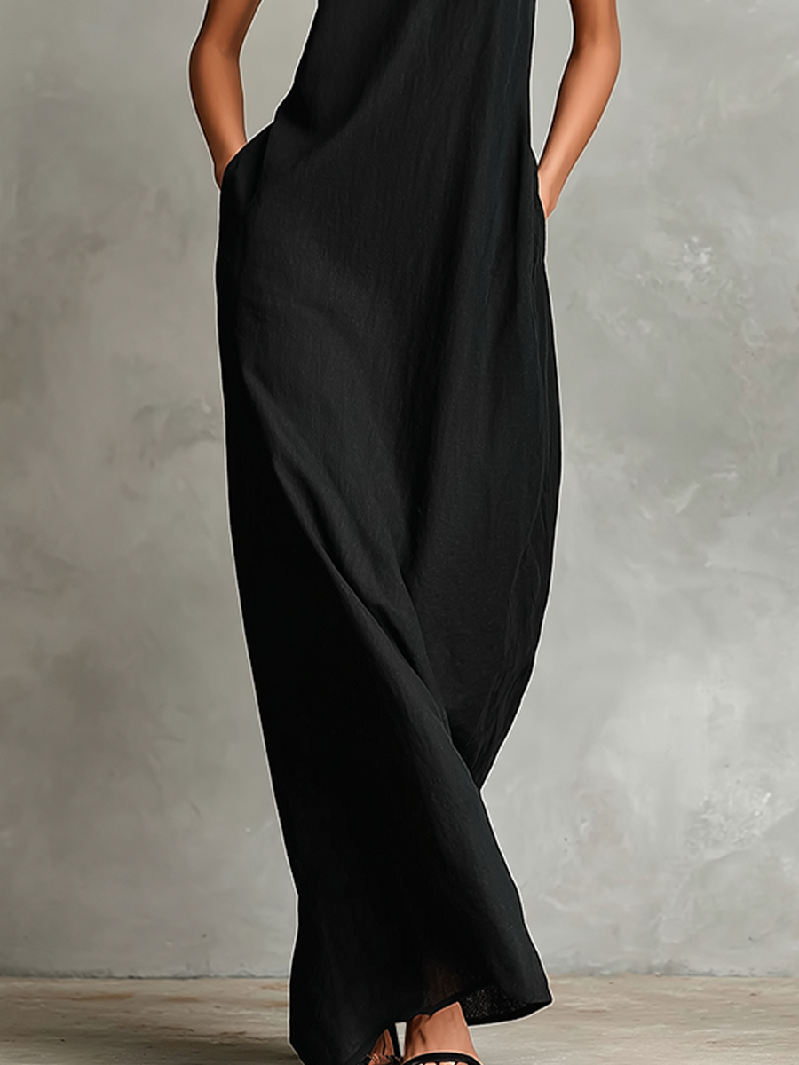 Schwarzes Damen-Maxikleid mit Stehkragen und Seitentaschen, zeitloses, minimalistisches Freizeitkleid