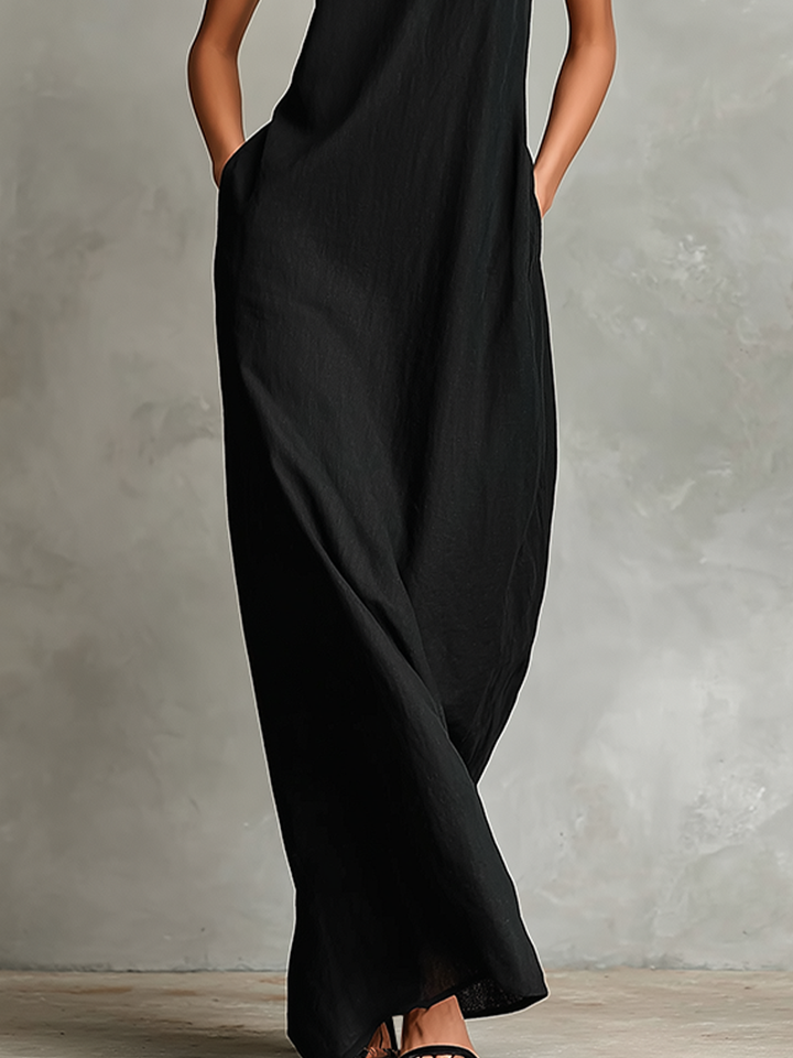 Schwarzes Damen-Maxikleid mit Stehkragen und Seitentaschen, zeitloses, minimalistisches Freizeitkleid