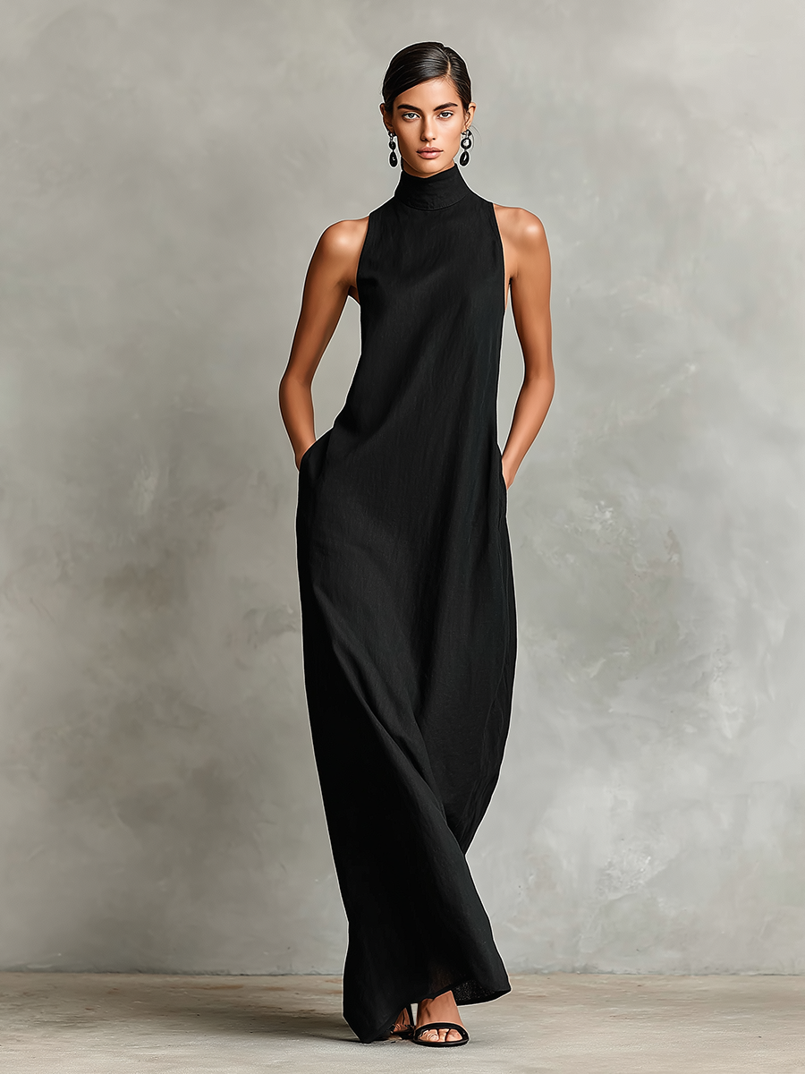 Schwarzes Damen-Maxikleid mit Stehkragen und Seitentaschen, zeitloses, minimalistisches Freizeitkleid