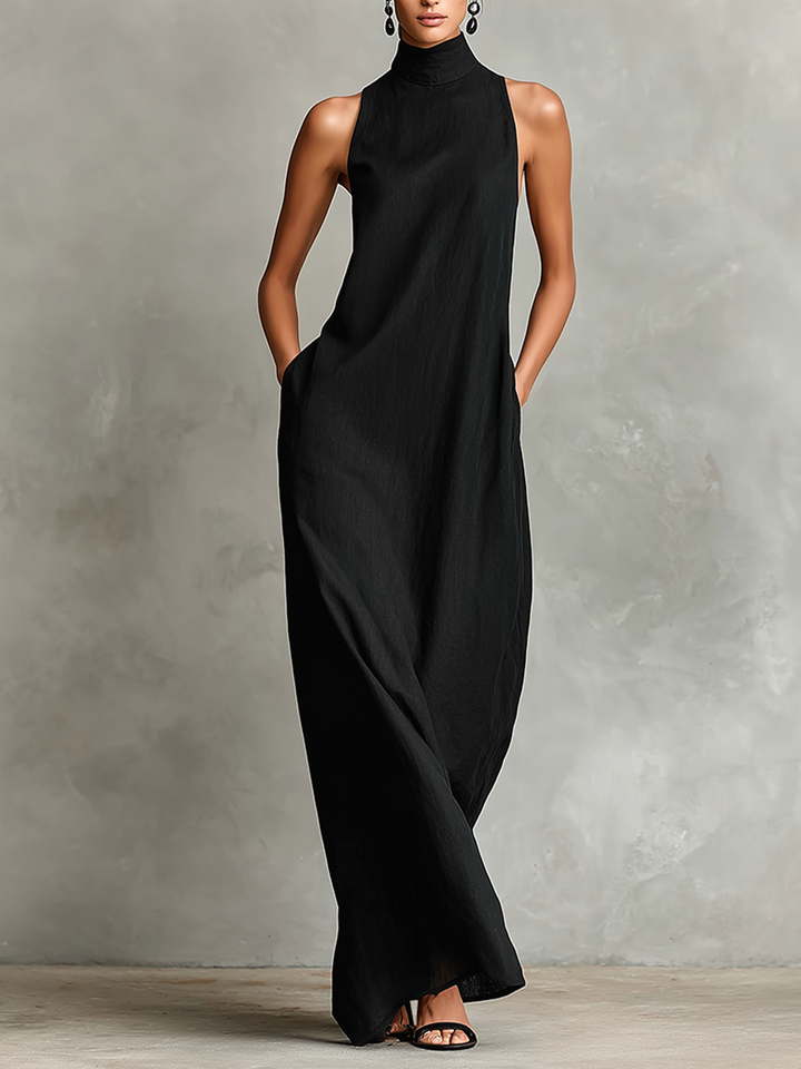 Schwarzes Damen-Maxikleid mit Stehkragen und Seitentaschen, zeitloses, minimalistisches Freizeitkleid