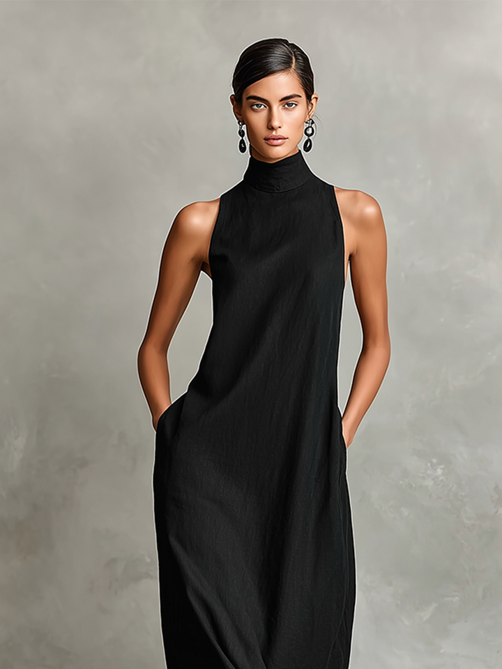 Schwarzes Damen-Maxikleid mit Stehkragen und Seitentaschen, zeitloses, minimalistisches Freizeitkleid