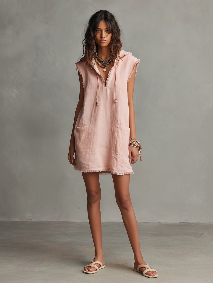 Minimalistisches Minikleid für Damen – mit Kapuze, ärmellos, offener Schnitt